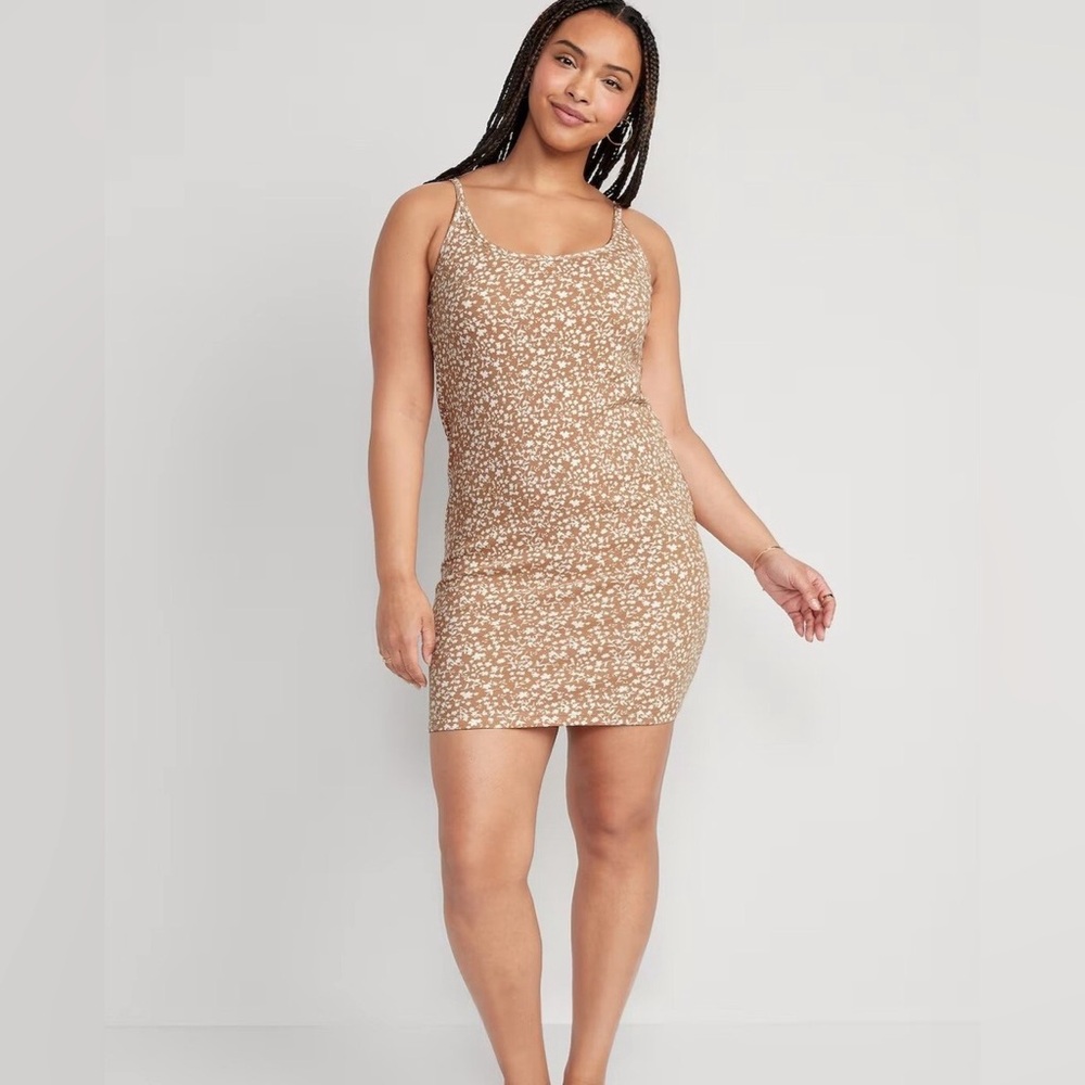 Old Navy Fitted Rib-Knit Cami Mini Dress in Floral Tan Size Small Petite - Picture 3 of 7